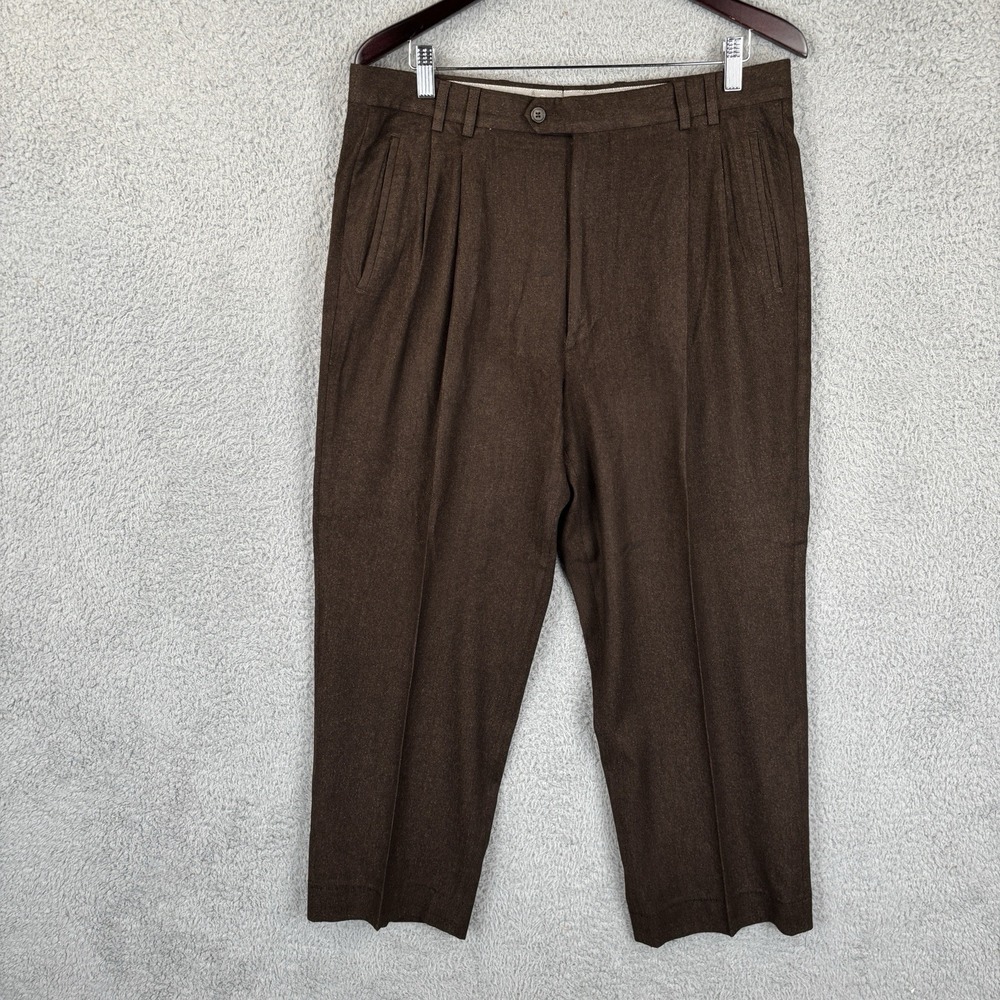 St Croix Dress‎ Pants Men 35x28 Brown Pleated Trousers Silk Wool Italy